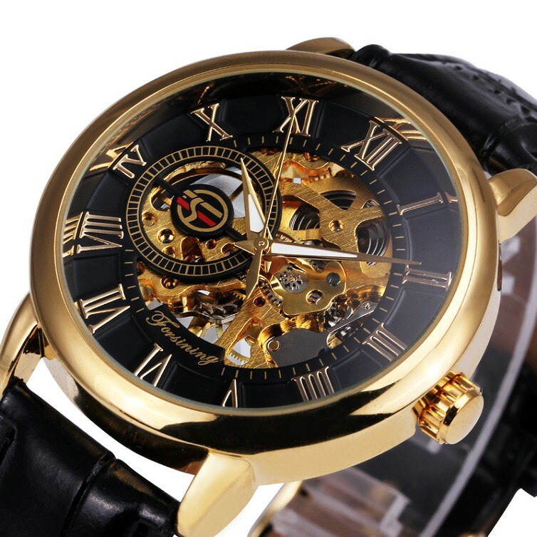 Forsining 3d logo holle graveren black gold case skeleton mechanische mannen horloges heren lederen band heren horloge