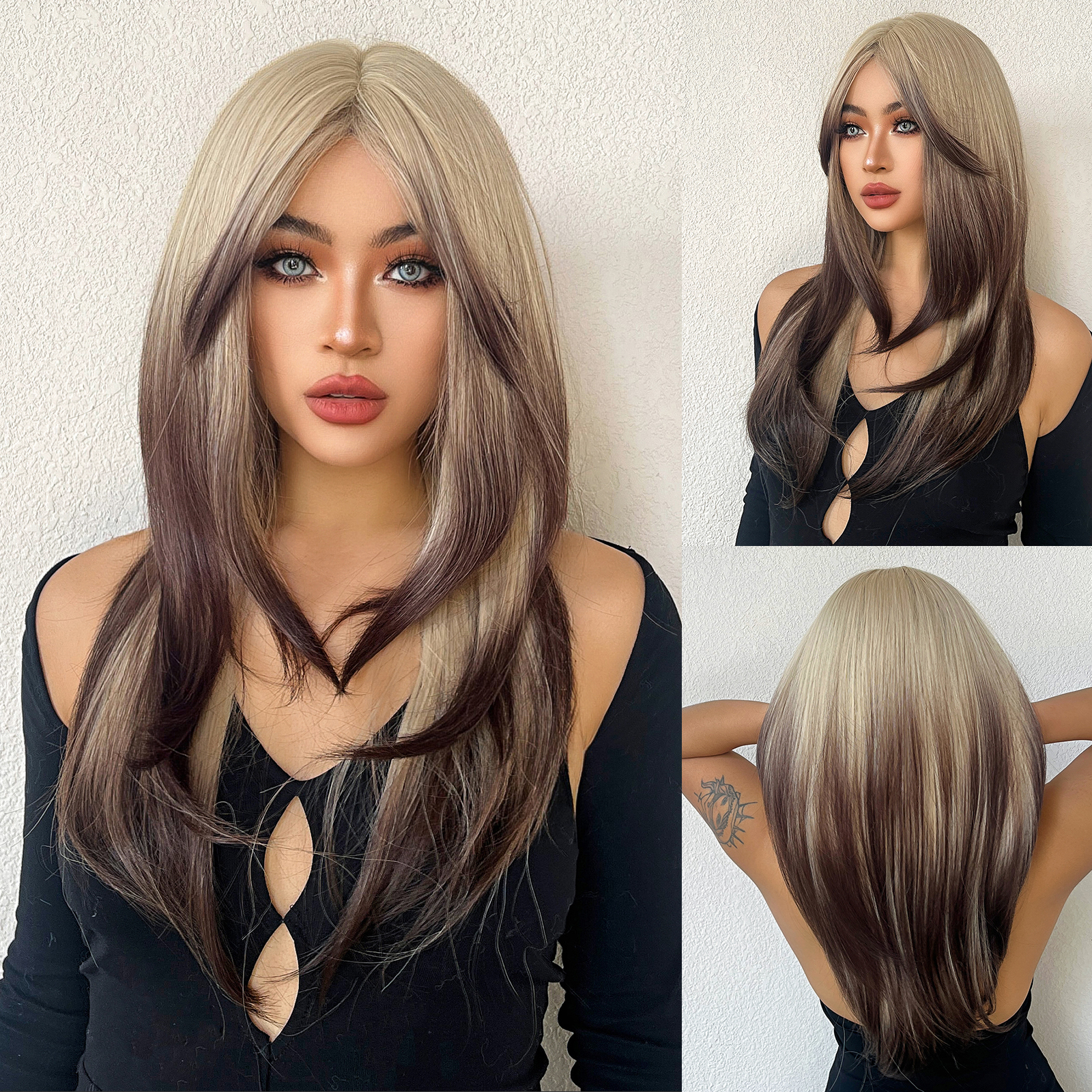 Gerade geschichtete synthetische Perücken Lila Schwarz Ombre Perücke mit Pony Mittellange farbige Cosplay-Perücke für Frauen Hitzebeständige Perücke: Rosa