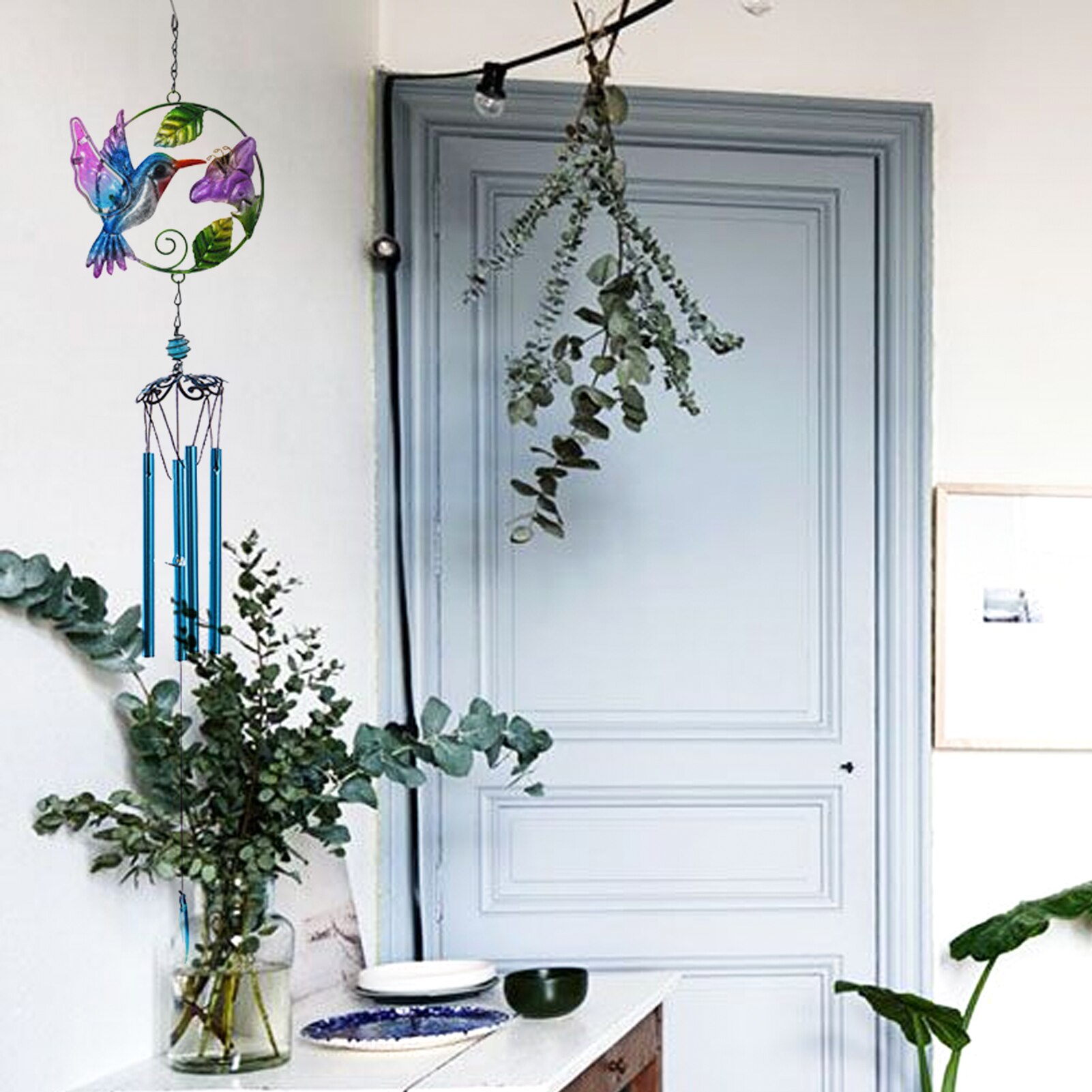 Iron wind chimes, kingfisher glass wind chimes, painted crafts, outdoor garden decoration pendants, .