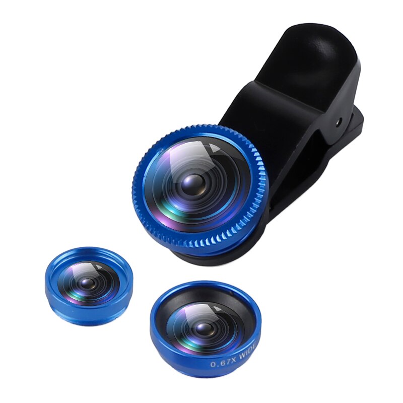 Objectif Fisheye objectif 3 en 1 objectif de fixation de téléphone portable objectif grand Angle 0.67X objectif Macro 10 fois Macro pour IPhone Xiaomi Huawei Lenovo: Bleu