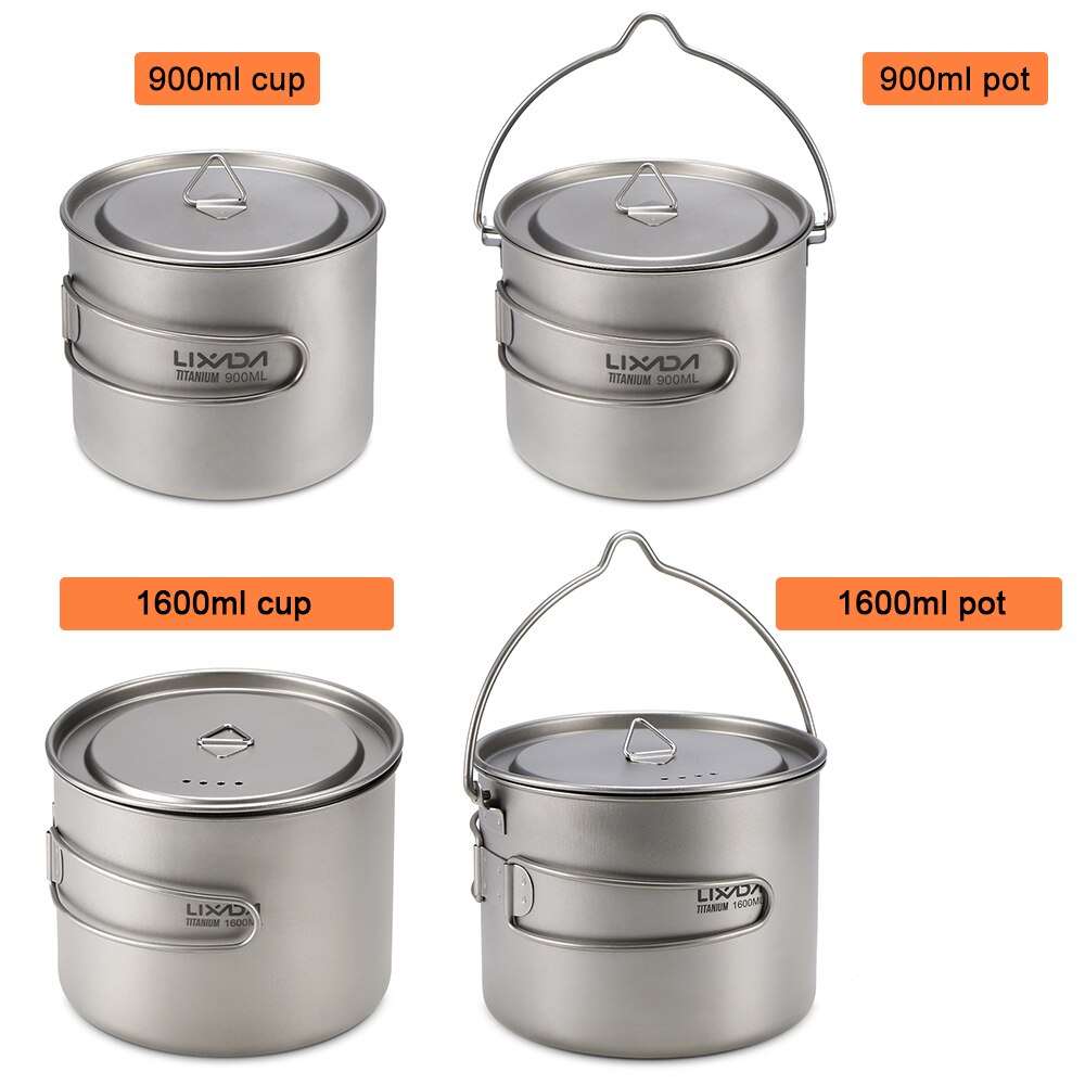 Lixada 900Ml/1600Ml Opvouwbare Handvat Outdoor Picknick Servies Titanium Pot Cup Opknoping Camping Pot Draagbare Water Cup met Deksel