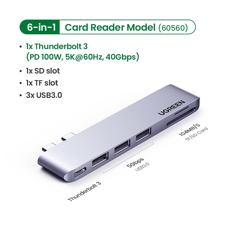 Ugreen usb c hub dual type-c til multi usb 3.0 4k hdmi for macbook pro air adapter thunderbolt 3 dock usb  c 3.1 port type c hub: 6- i -1 kortleser