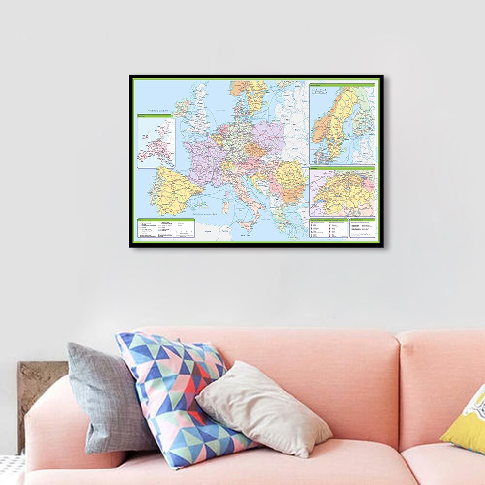 84*59cm The Europe Political Map with Traffic Route Wall Art Poster Canvas Painting Classroom Home Decoration School Supplies