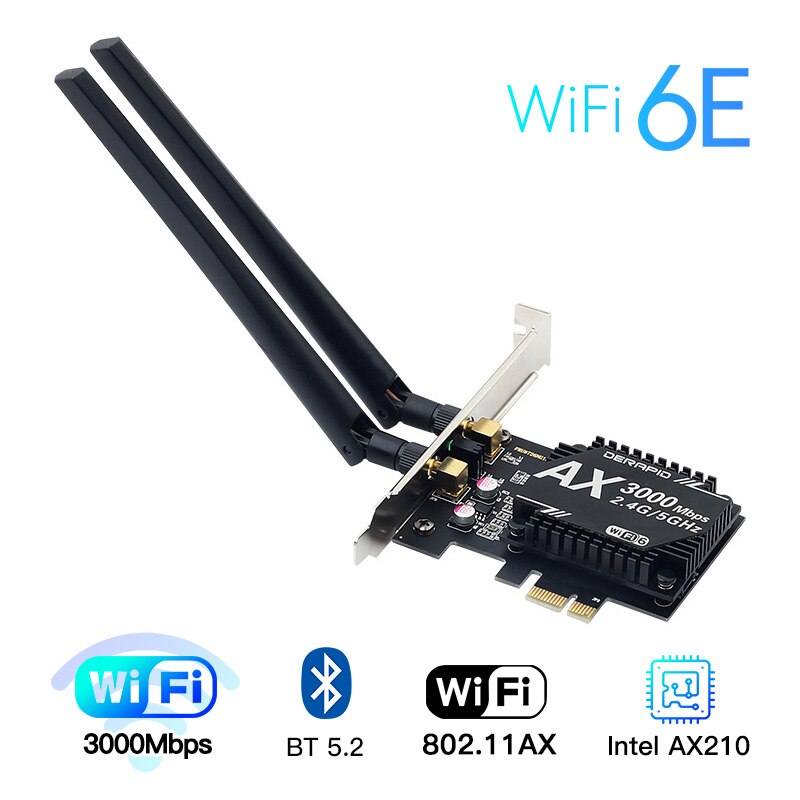 Wireless Dual band 3000Mbps WiFi 6E Intel AX210 Bluetooth 5.2 PCIe Desktop Wireless Adapter 802.11ax/ac 2.4G 5G AX210NGW Newtork: PCE-AX210