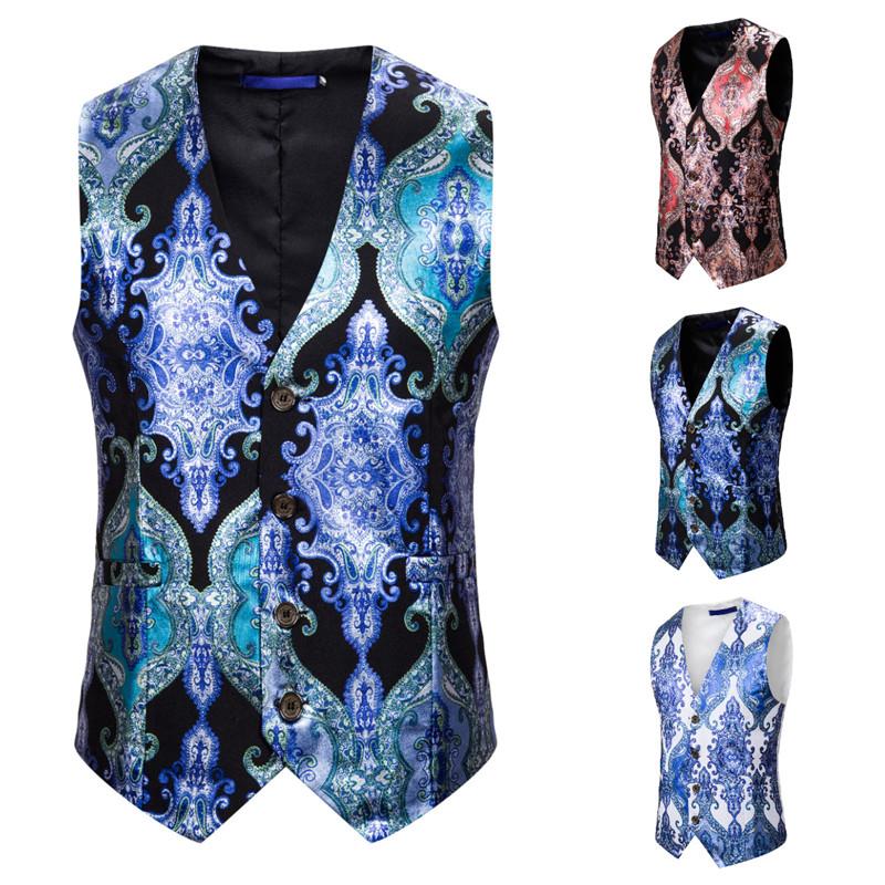 Palace style imprimé costume gilet fête étape Unique col en V gilets et gilets pour hommes blanc bleu