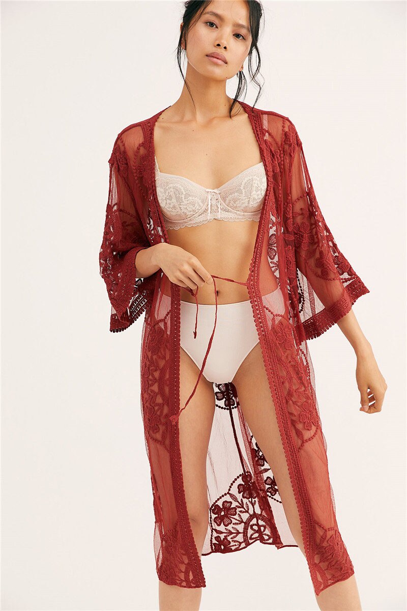 Vestido playero de encaje para mujer, Pareo playero, Túnica de Pareo para Playa, Kimono, traje de baño de encaje para mujer # Q767: 767 Red