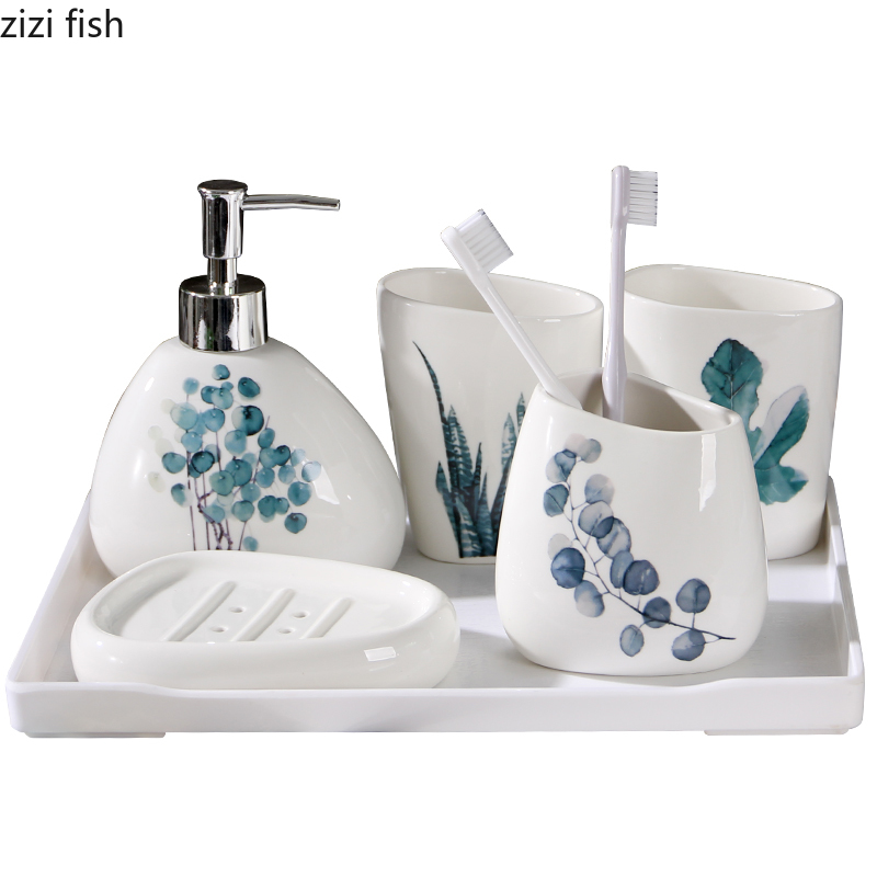 Vert plante nordique céramique salle de bain accessoires ensemble distributeur de savon/porte-brosse à dents/gobelet/porte-savon chine salle de bain produits