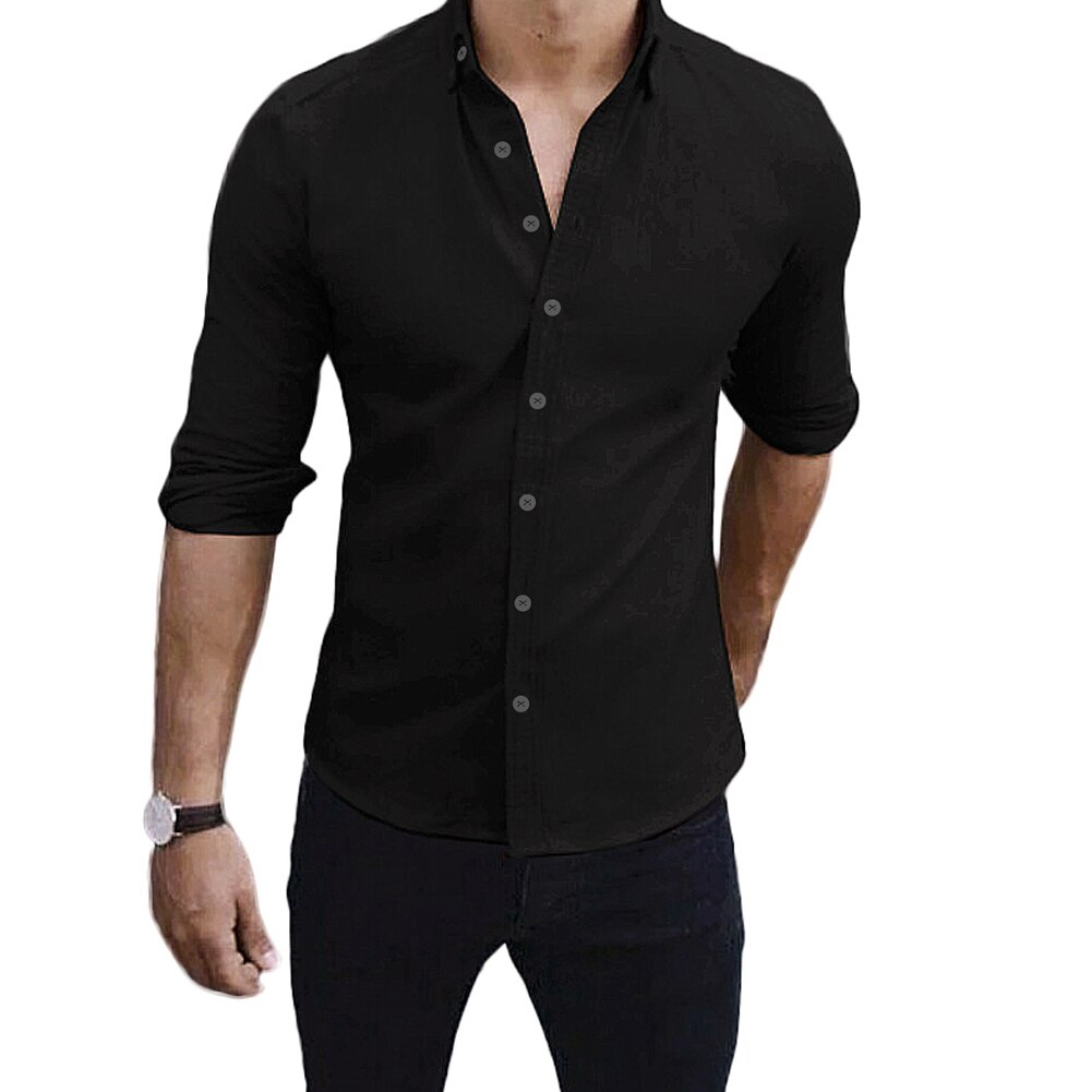 Men Shirts Slim Fit Solid Color Long Sleeve Single Smart Casual Shirts Breasted Turndown Casual Tops: Black / S