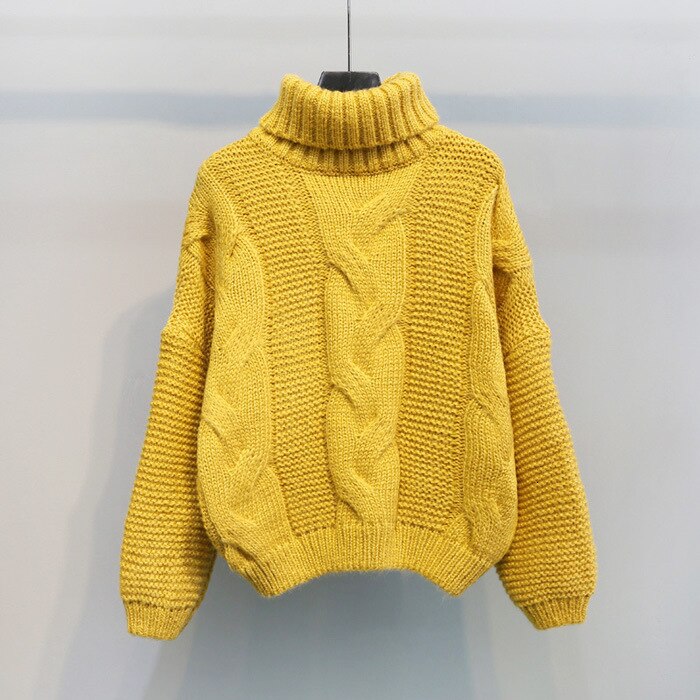 Dam tröjor polokrage tröja dam höst vinter ledig kort tröja stickad pullover tröja kvinnlig pull femme: Gul