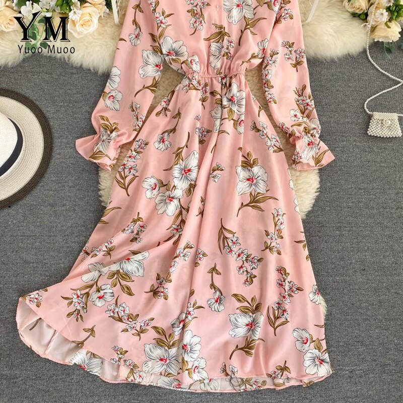 Yuoomuoo kvinder retro blomstret kjole stander krave slank lang vestidos forår efterår chiffon langærmet kjole femme