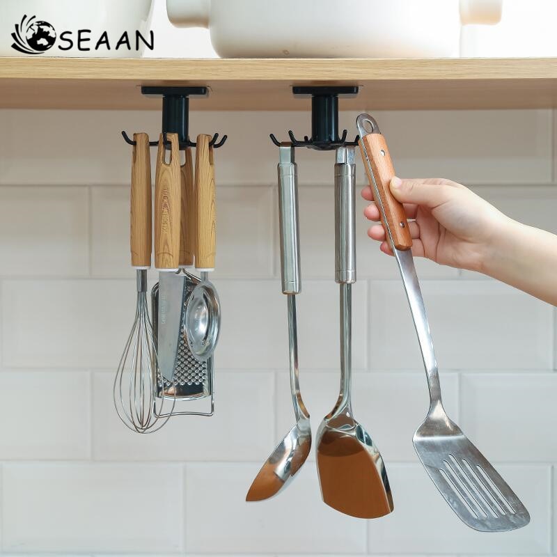 360° kitchen Rotating storage hook Punch-free wall storage rack shelf bathroom hanger spatula spoon Cookware utensils organizer