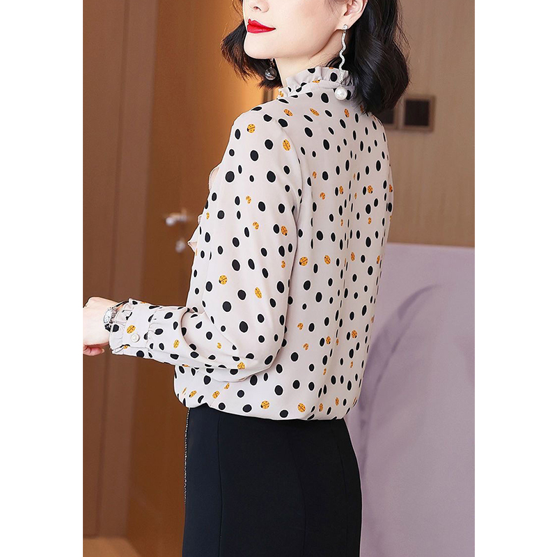 Zomer Ruches Opstaande Kraag Shirt Met Stippenprint Dames Met Lange Mouwen Elegante Mode Vesten Top Dames Losse Casual Blouse