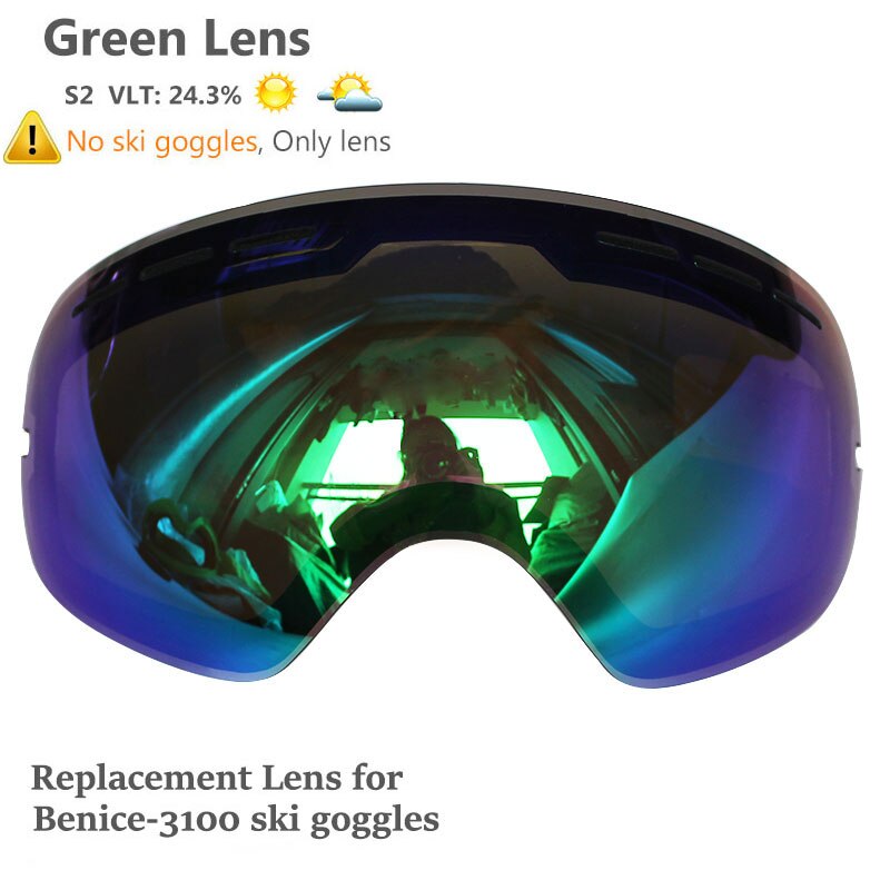 Benice double Layers UV anti-fog lens Men ski goggles big spherical skiing snowboarding snow glasses Eyewear 3100 Set case: Green Lens Only