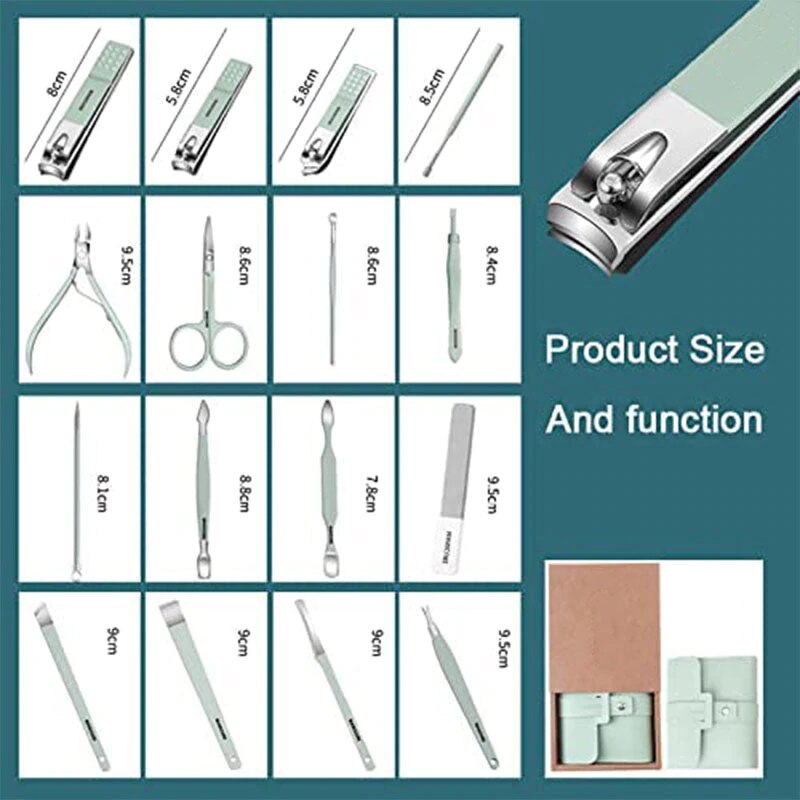 Juego de utensilios para el cuidado de las uñas, cortador de uñas de acero inoxidable, herramientas para el cuidado de las uñas y los pies, herramientas de manicura de belleza, juego portátil de viaje, 16 Uds.