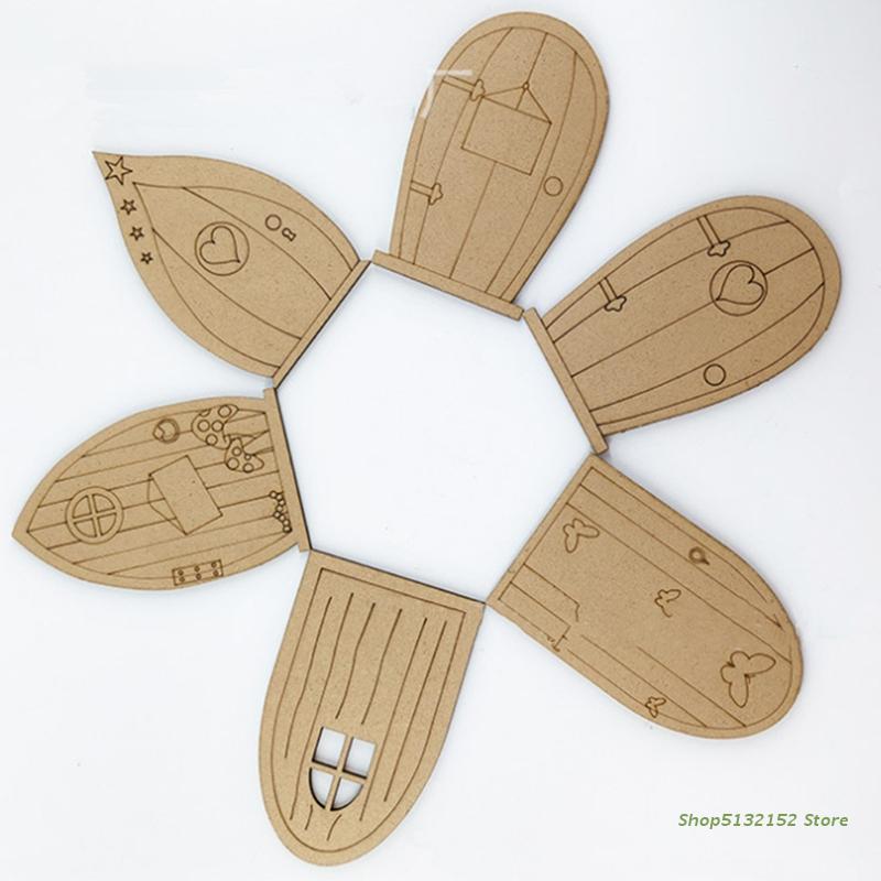 QX2E 6 Pcs Fairy Elf Window Door Wooden Garden Ornament Yard Art Garden Sculpture Decor Trees Open Doors Gnome House