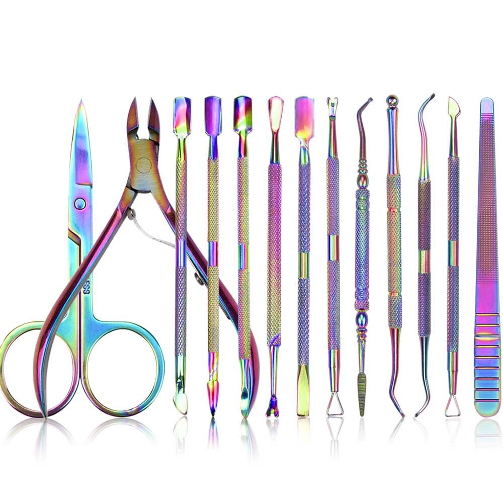 1 Juego de empujador de cutículas de uñas Acero inoxidable titanio Arco Iris cortauñas producto para eliminar la piel muerta tijera alicate manicura herramienta de cuidado de uñas: 13pcs