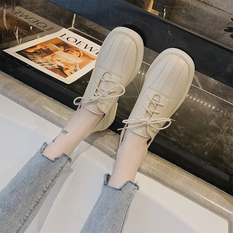 Noir Beige Oxford chaussures pour femmes printemps été décontracté mocassins en cuir synthétique polyuréthane Vintage à lacets plate-forme chaussures mocassins