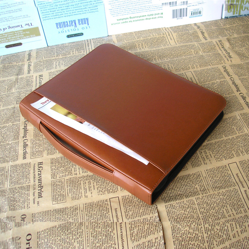 A4 zipper leather document folder bag business file folder leather ring binder office expanding file organizer with handle 1260