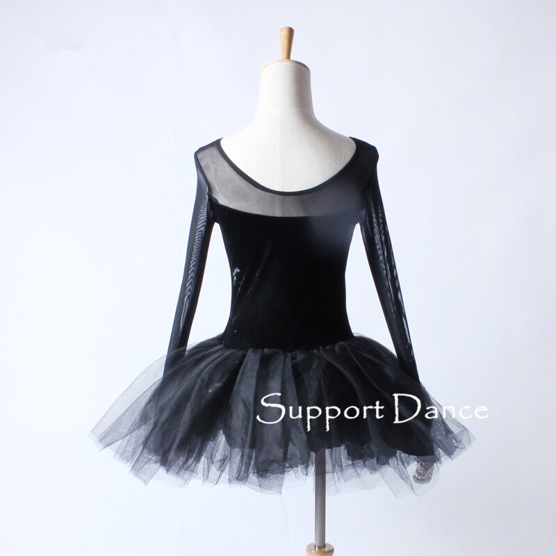 Vestido de tutú de ballet negro de manga larga de malla para actuación de adultos C262