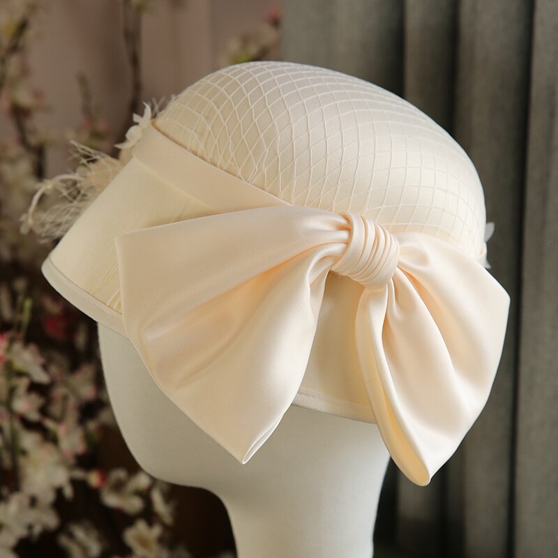 Solid bröllop fedora keps kvinnor stor rosa rosett nit hink keps vår höst cocktail kyrka fest kvinnlig fascinator hatt