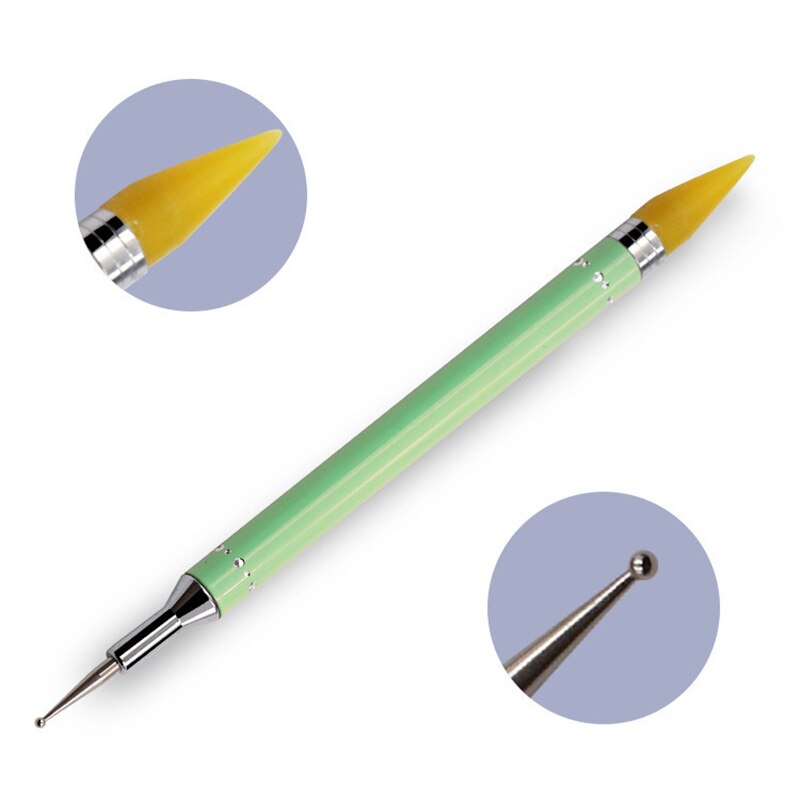 1 Uds pluma punteada de cera Dual-lápices de Picker herramientas de uñas de acero Rhinestone mango arte de uñas puntear uñas de arte y herramientas: Verde claro