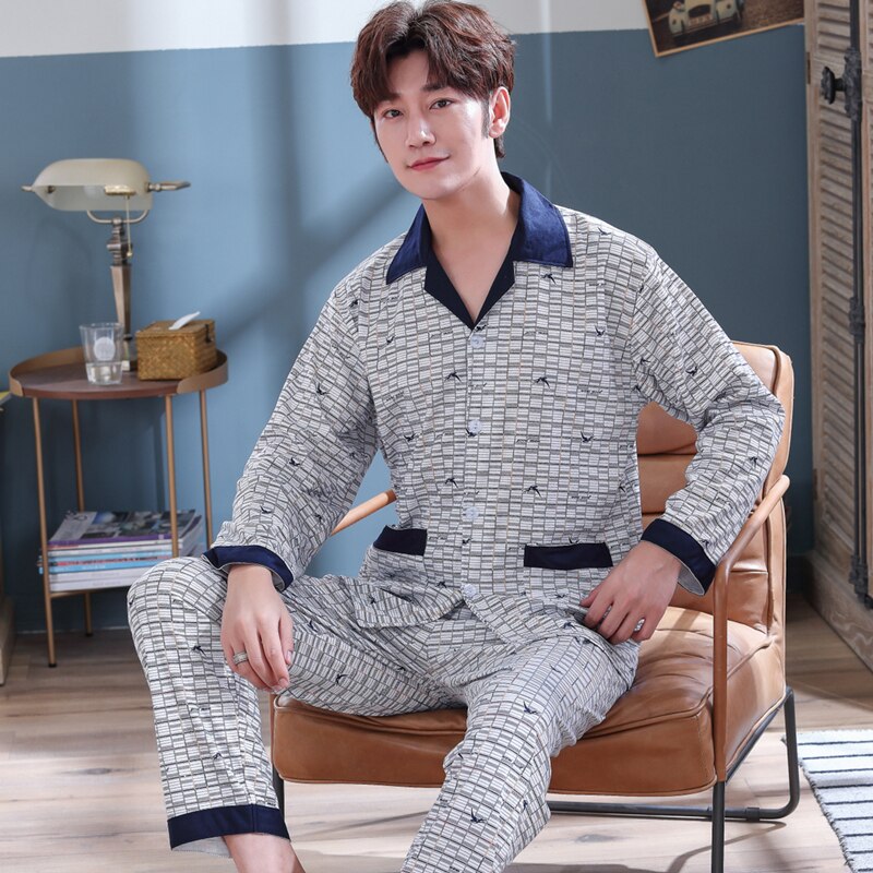 Herren Schlafanzug einstellen Nachtwäsche Baumwolle Männer Pyjama einstellen Frühling Herbst Pijama hombre Herren Nachtwäsche Gestreiften Schlaf Tragen Pyjama Plus Größe