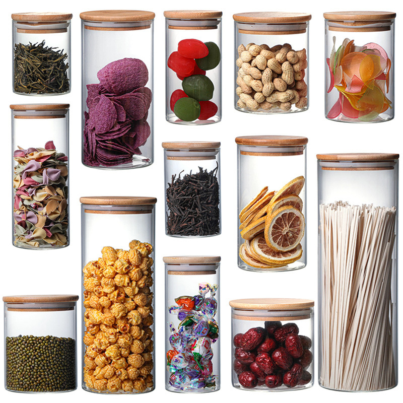 Bocaux pour céréales en vrac, stockage dans la cuisine, bouteille en verre scellé, récipient alimentaire, couvercle en bois, grains de café, épices, sucre, organisateur