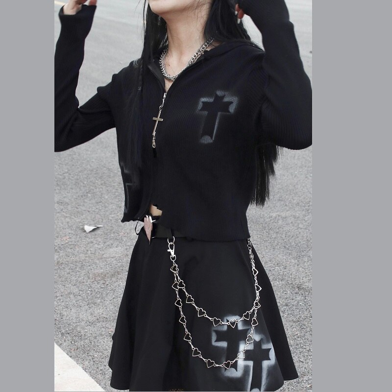 Cardigan gothique en tricot noir foncé pour femme, pull à manches longues, avec fermeture éclair, Slim, imprimé croix, Rock Punk, Streetwear, automne