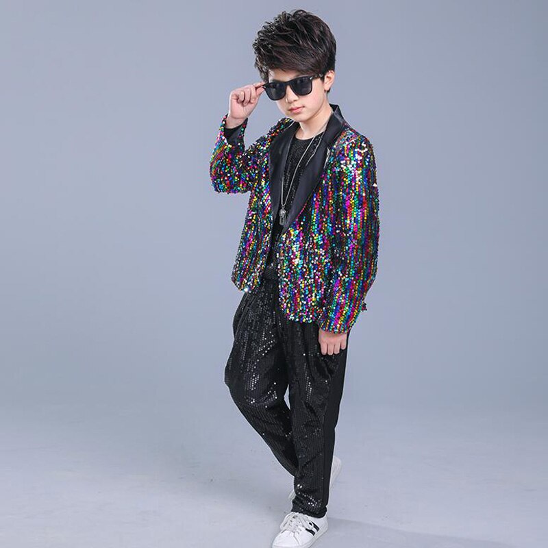 Kids Adult Sequined Pants Jacket Hip Hop Clothing Jazz Dance Costumes Suit Boys Carnival Stage wear Ballroom Dancing Outfits