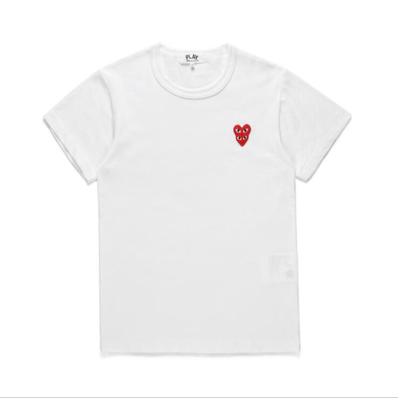 Play Mannen Vrouwen T-shirt Overlap Borduurwerk Dubbele Hart Ronde Hals Korte Mouwen Katoenen T-shirt Zomer Losse Casual Couplet-shirt: WHITE / L
