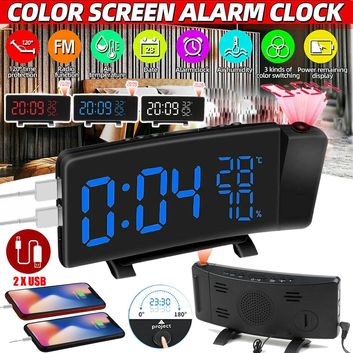 3 Color LED Digital Alarm Clock Radio Projection With Temperature And Humidity Mirror Clock Multifunctional Bedside Time Display