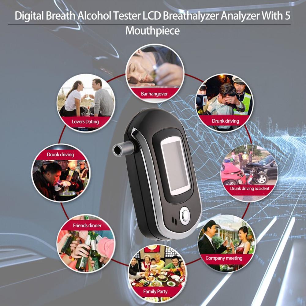 Digital ånde alkohol tester lcd åndedrætsværn analysator  + 5 mundstykke, høj følsomhed hurtig respons  at6000,