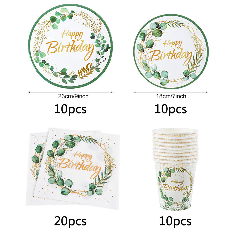 Green Eucalyptus Leaf Disposable Tableware Set Paper Plate Cup Napkin Kids Adult Birthday Supplies Hawaiian Summer Party Decor