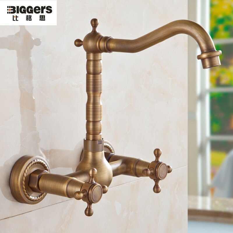Luxe antieke bronzen wandgemonteerde badkraan met draaibare dubbele hendel voor koud en water