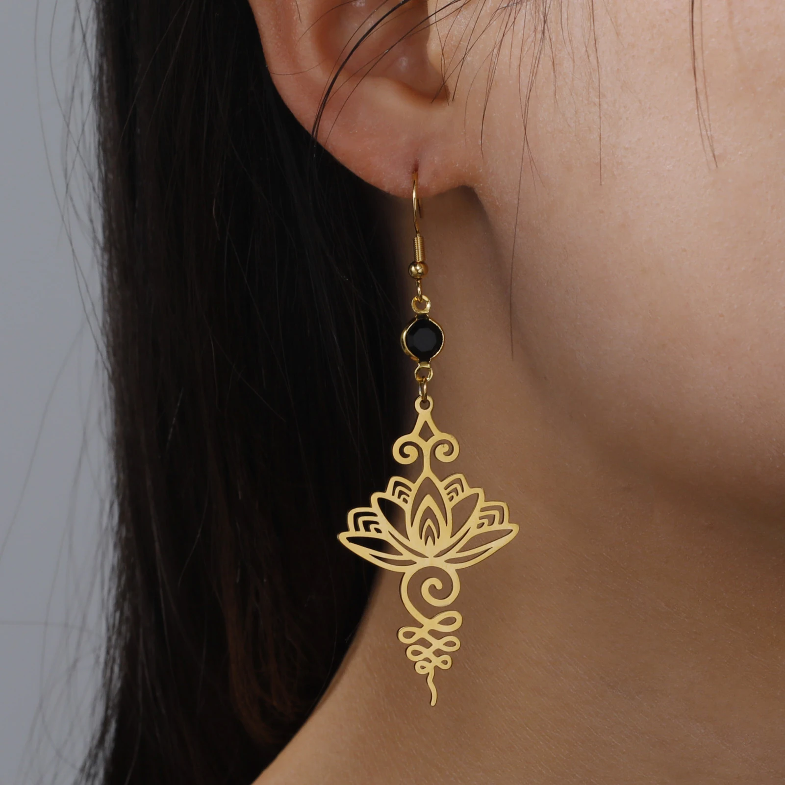 Skyrim Unalome Pendientes colgantes de flor de loto de acero inoxidable, colgante de budismo de Yoga, pendiente de gota, joyería espiritual, para mujeres