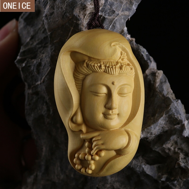 Solid wood Guanyin small wood carving,Wooden handmade Buddha statue，Modern art sculpture，Home Feng Shui pendant, car decoration