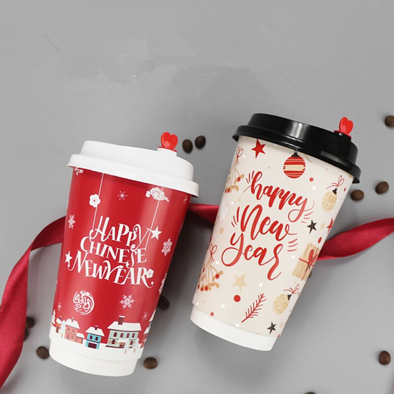 50 Pcs Christmas Party Favor Drink Dikke Dubbele Laag Papier Cup Anti-Brandwonden Wegwerp Koffie Cup Takeaway Pakket met Deksel