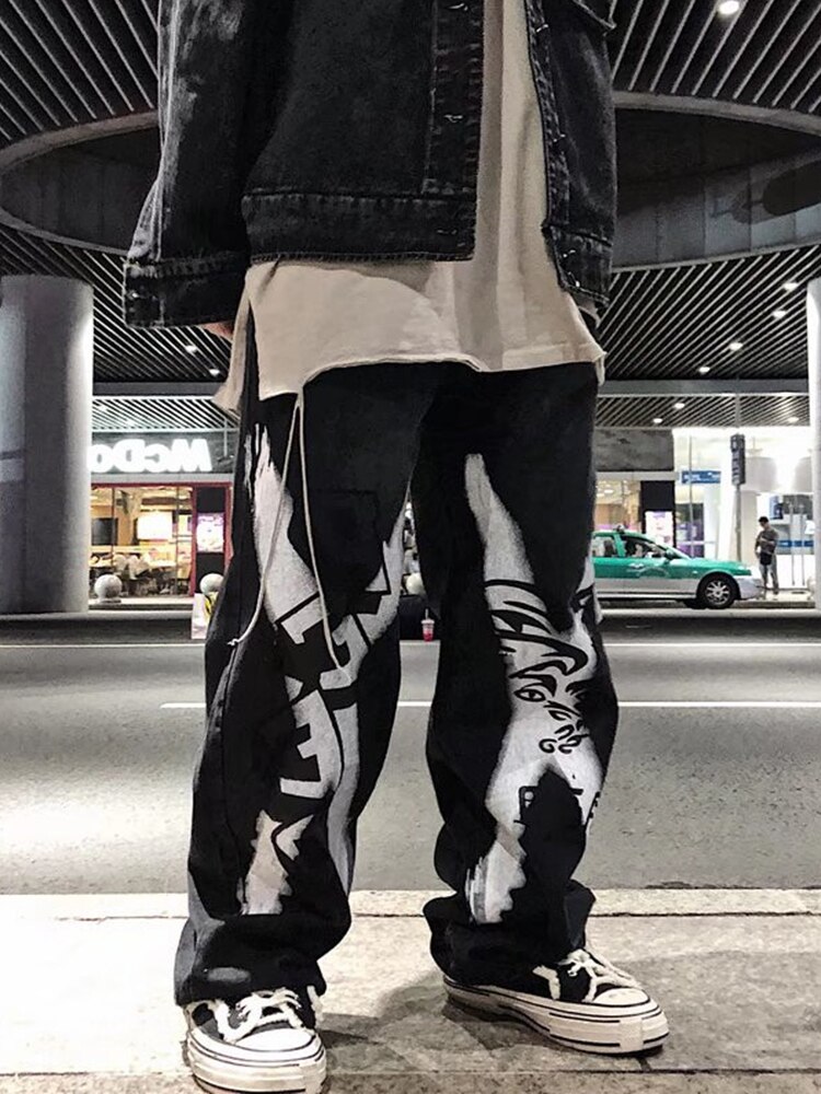 HOUZHOU-pantalones vaqueros negros para hombre, vaqueros de gran tamaño con estampado de Hip Hop, ropa de calle japonesa, Pantalones vaqueros de pierna recta