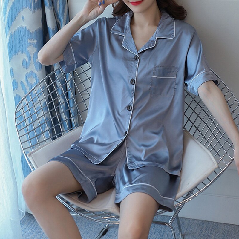 Women Summer Comfortable Lapel Button Short Sleeve Shorts Pajamas Suit Two Piece Home Suit
