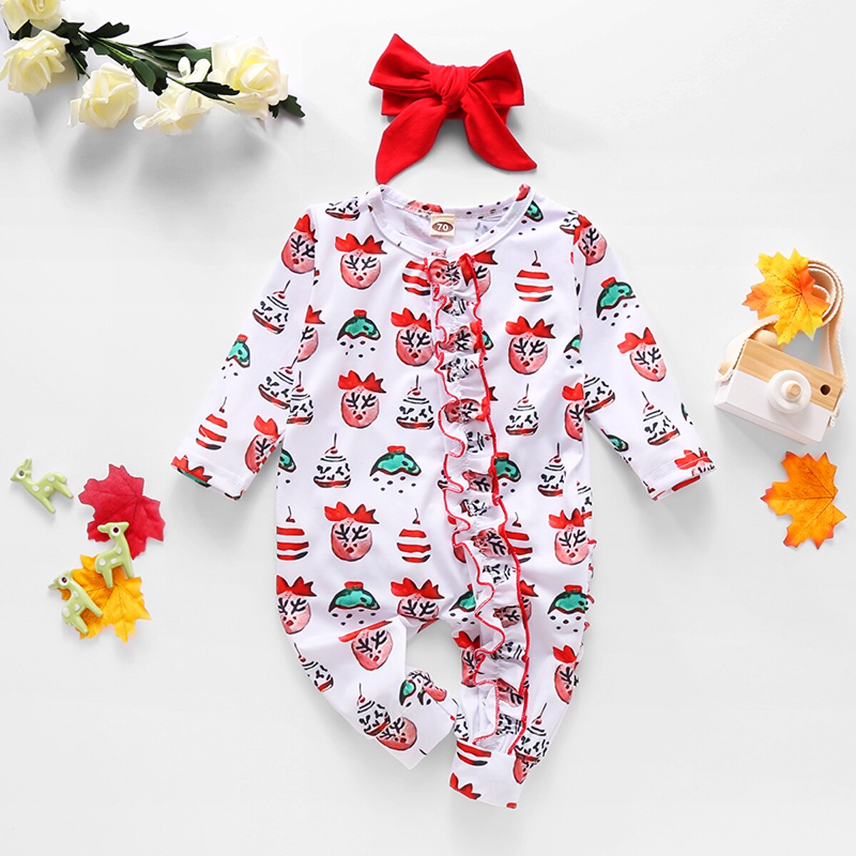 FOCUSNORM Christmas Baby Girls Boys Romper Autumn Clothes Long-Sleeves Cartoon Print Single Breasted Jumpsuits Red Bow Headband