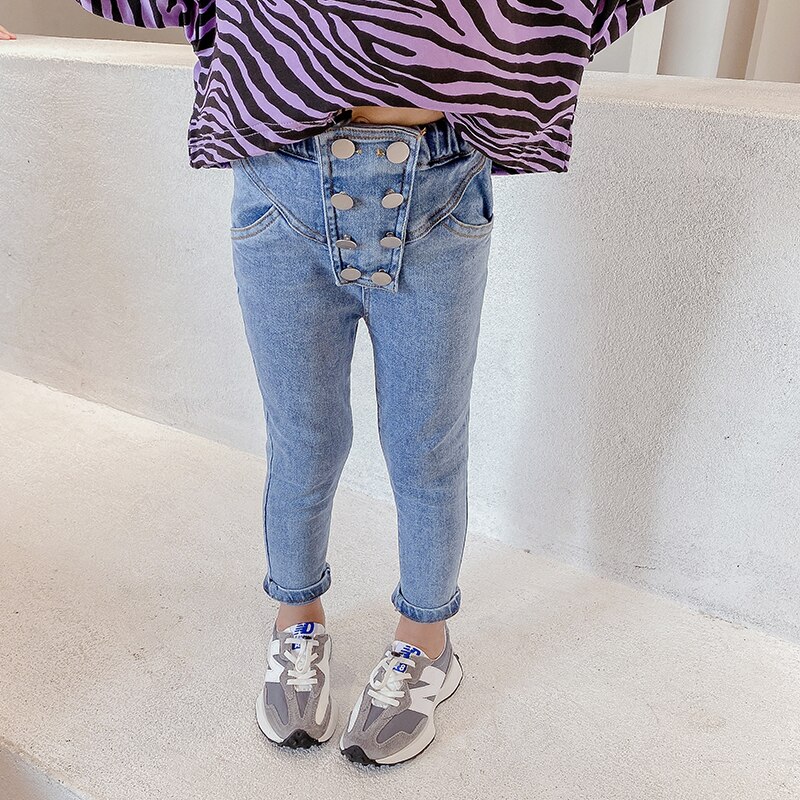 Skinny jeans för tjejer denim barn trasiga jeans för storlek 2 3 4 5 7 år knapp casual jeans solida barn tjejer jeans