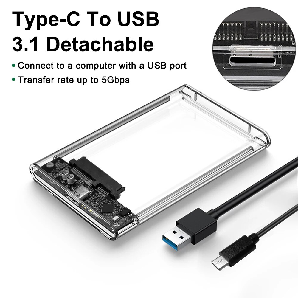2.5 Inch HDD SSD Case SATA to USB 3.1 Type C 4TB Transparent External Hard Drive Housing Compatible UASP SATA III Laptop: WHITE