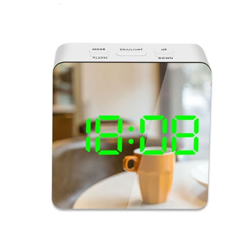 Spejl vækkeur digital snooze bordur vågne lys elektronisk tid temperatur display led makeup vækkeur: Firkantet grøn