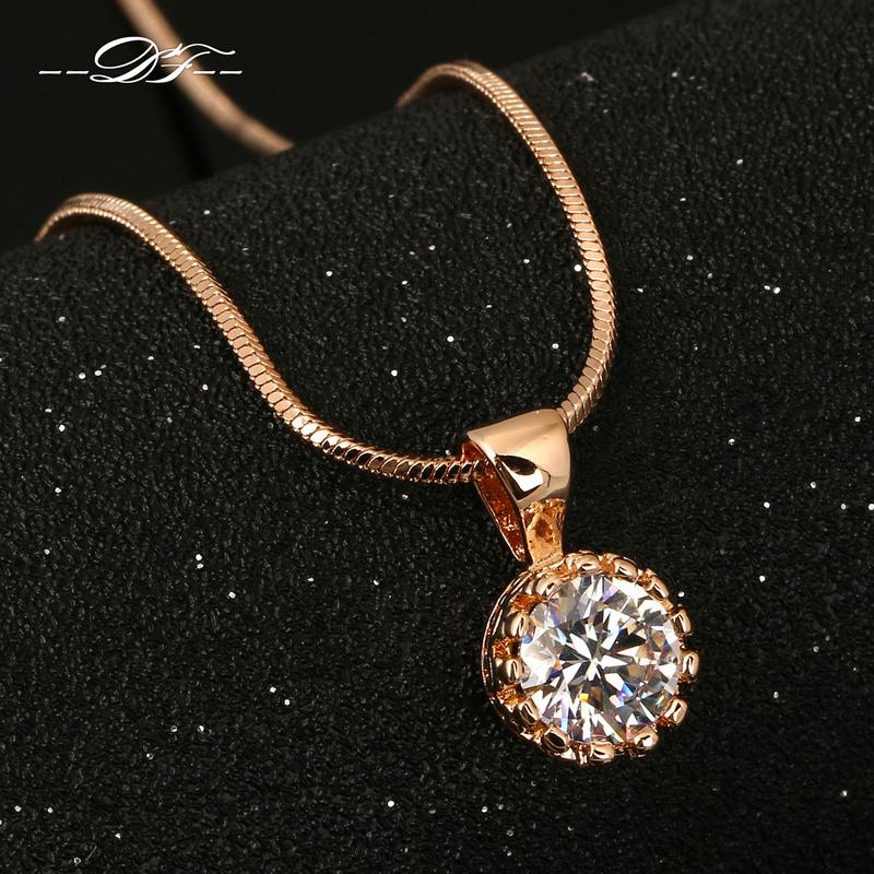 Double Fair Brand Unique Crown Cubic Zirconia Necklaces &Pendants White/Rose Gold Color Chain Jewelry For Women DFN390