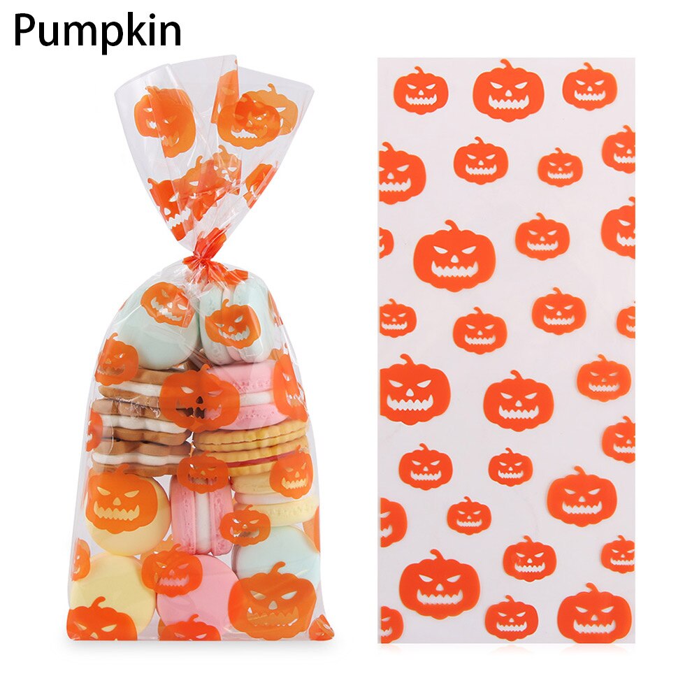 50pcs Halloween Candy Bag Treat Bags Cookie Candy Baking Packaging Pumpkin Bat Witch Halloween Party Decoration Supplies: Pumpkin