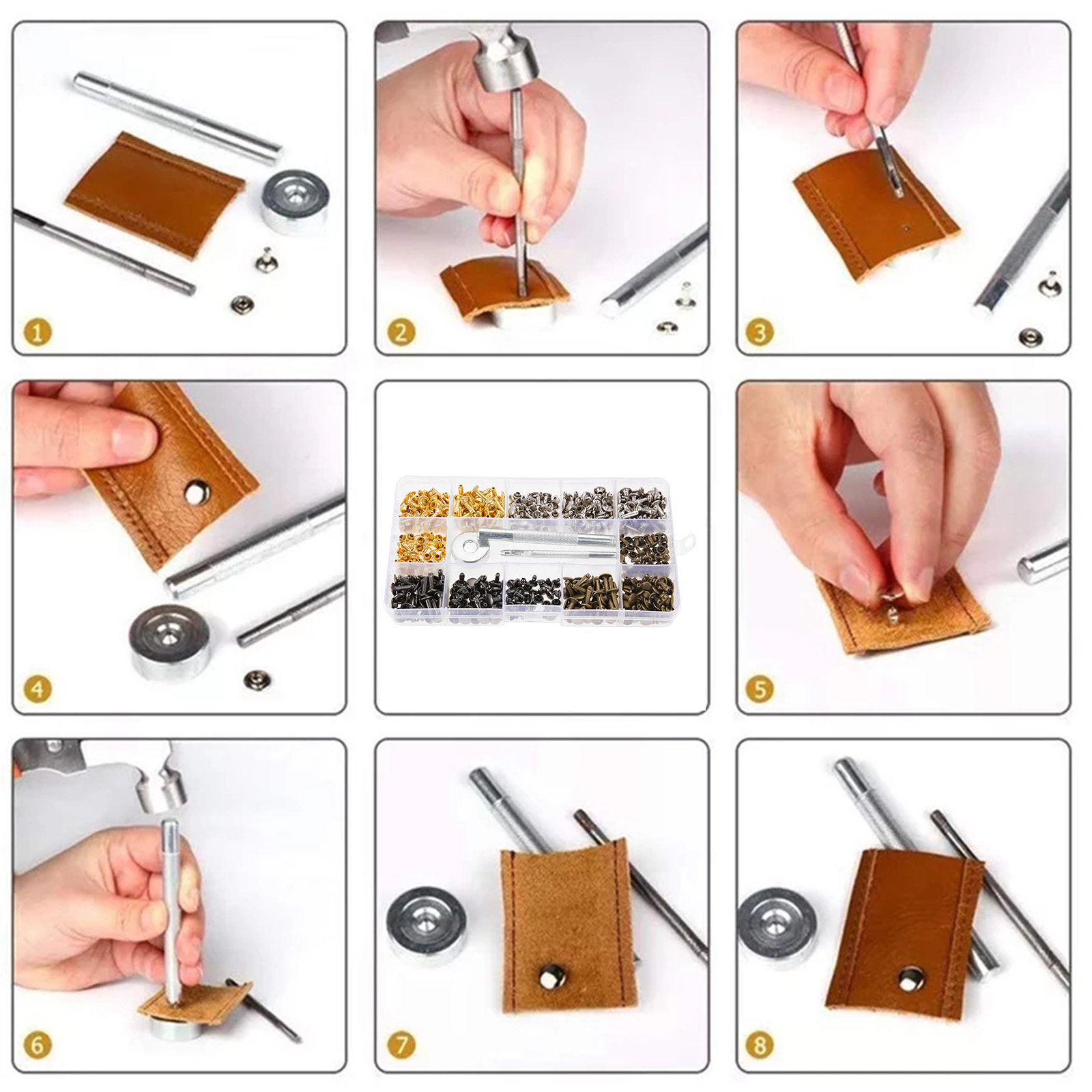Remaches de cuero de doble tapa, tachuelas tubulares de Metal + alicates de perforación + herramienta de ajuste de 3 piezas para artesanía de cuero, juegos de 240/300/360/480