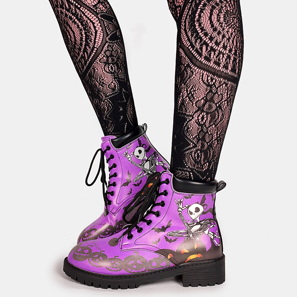 DoraTasia-botines con calavera morada para mujer, botas cortas de tacón grueso para Festival, zapatos de calle informales: 10,5