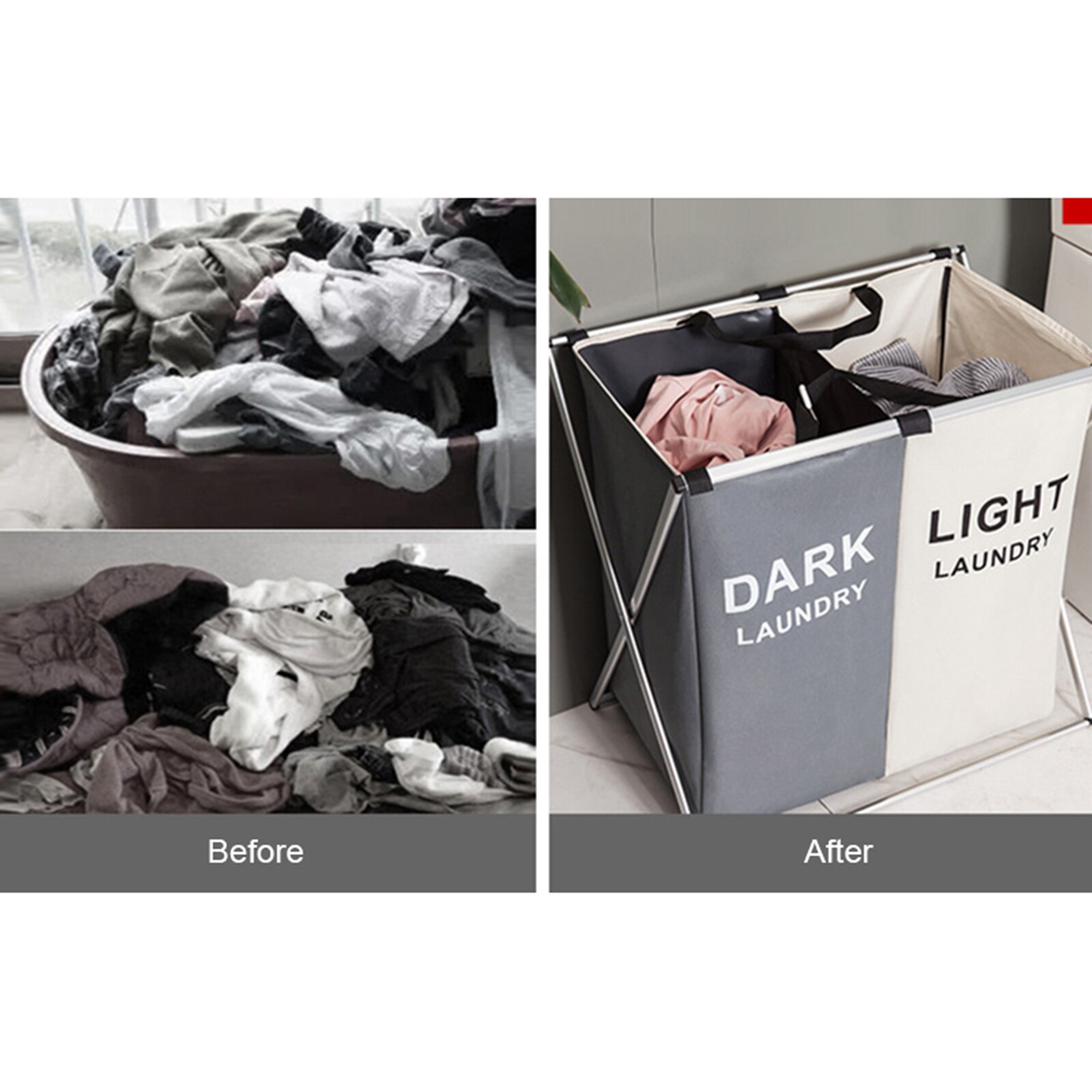 Laundry Cloth Hamper Sorter Basket Bin Foldable with Aluminum Frame Washing Storage Dirty Clothes Bag for Bathroom Bedroom: Gray Beige