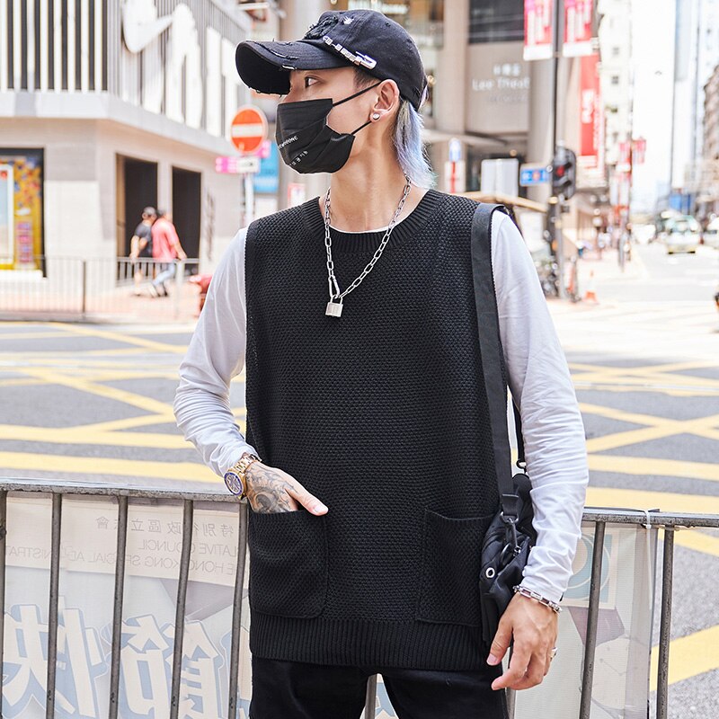 Singleroad oversized herre strikket genser vest herre vester harajuku hip hop gensere koreansk khaki ermeløs genser herre: Svart genser menn / Asiatisk-xl