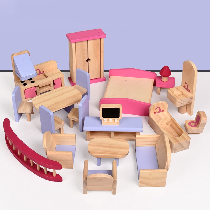 Kleurrijke houten poppenhuismeubels, houten miniatuur keukenhuismeubels, poppendecoratie-accessoires, fantasiespel, kinderspeelgoed